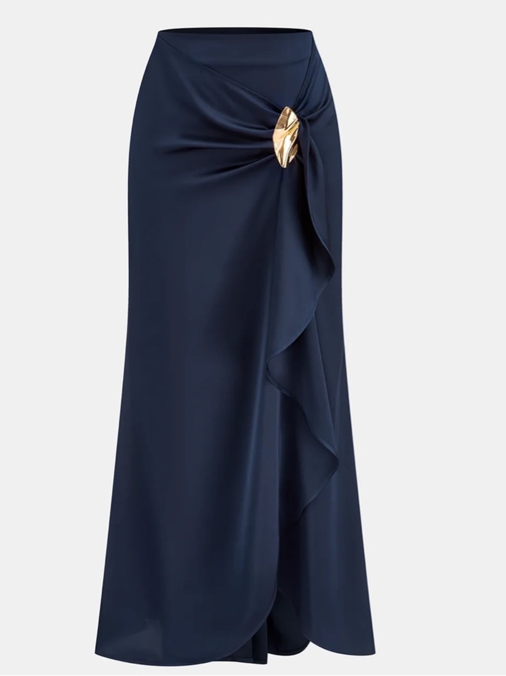 Commense Navy Satin Maxi Skirt with Gold Metal Accent